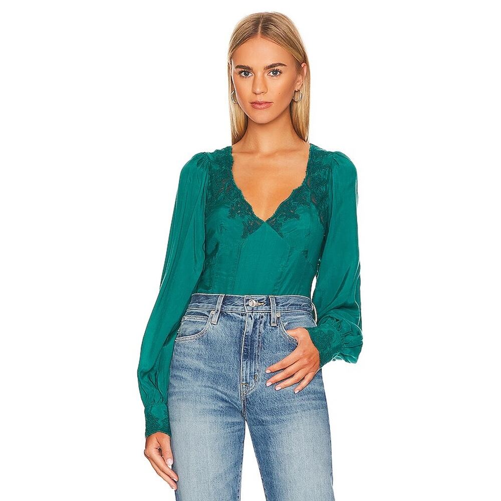 Free People Janelle Long Sleeve Scoop Neck Lace Top in Green Balm Size XL